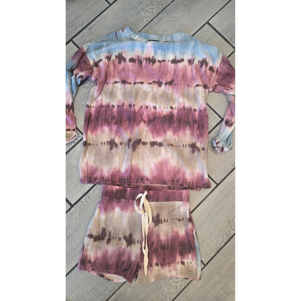 Win Win Womens Tie Dye Lounge Set Purple Blue Long Sleeve Top Shorts Medium